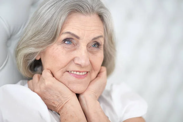 Portrait Happy Senior Woman Posing Home — Stock Photo, Image