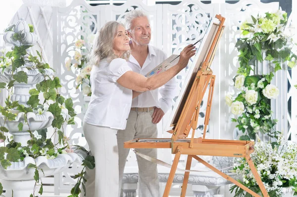 Portrait Beautiful Elderly Couple Painting — Stock Photo, Image