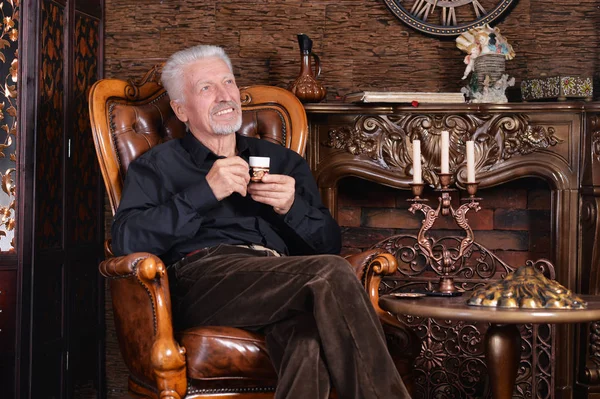 Smiling Senior Man Drinking Coffee Home — Stock Photo, Image