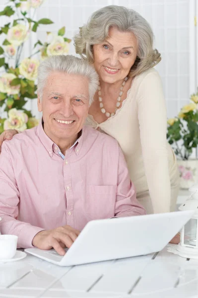 Senior Couple Portrait Laptop Home — Stock Photo, Image