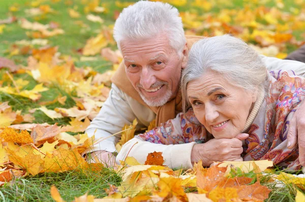 Gelukkige Senior Paar Liggen Park — Stockfoto
