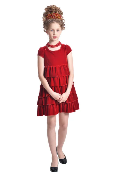 Longitud Total Chica Vestido Rojo Posando Aislado Sobre Fondo Blanco — Foto de Stock