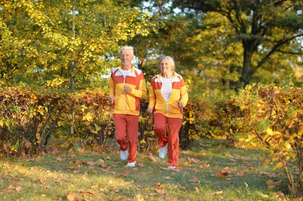 Happy Fit Senior Coppia Jogging Nel Parco Autunnale — Foto Stock