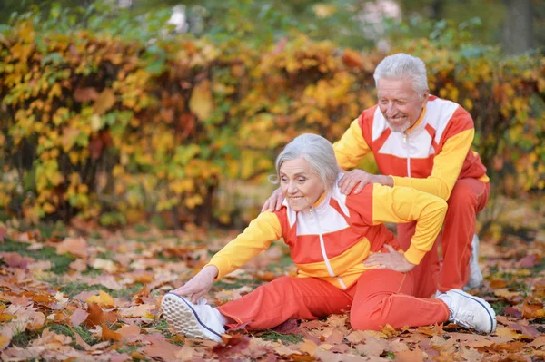 Passen Senior Paar Uitoefenen Herfst Park — Stockfoto