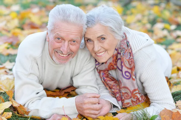 Gelukkige Senior Paar Liggen Park — Stockfoto