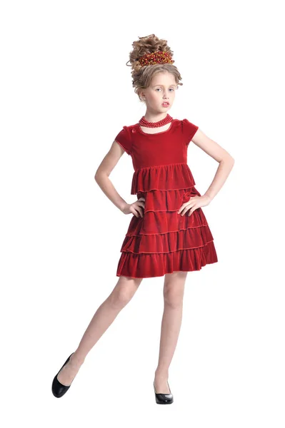 Longitud Total Chica Vestido Rojo Posando Aislado Sobre Fondo Blanco —  Fotos de Stock
