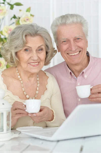 Feliz Pareja Ancianos Retrato Beber Uso Ordenador Portátil — Foto de Stock