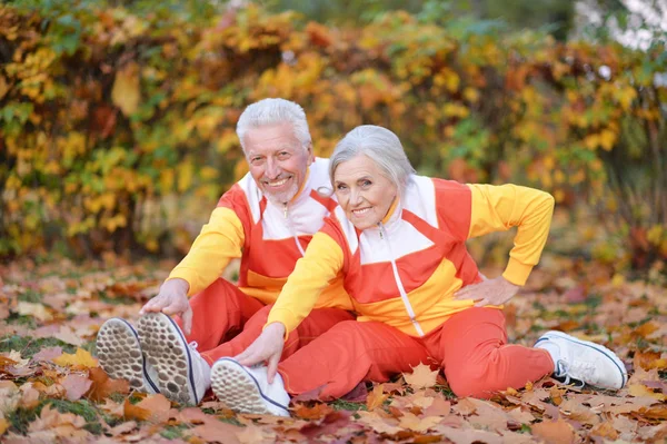 Forme Physique Couple Aîné Exercice Dans Parc Automne — Photo