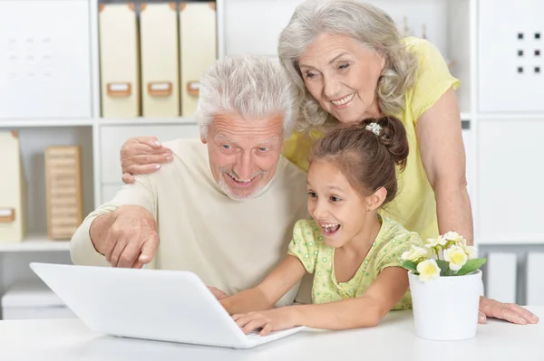 Mor Och Farföräldrar Med Barnbarn Använder Laptop Hemma — Stockfoto