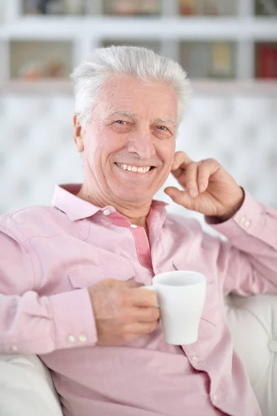 Portrait Smiling Senior Man Drinking Coffee Home — Stock Photo, Image