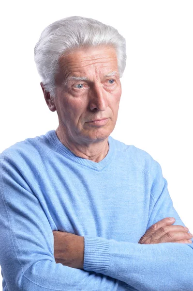 Portret Van Senior Man Denken Geïsoleerd Witte Achtergrond — Stockfoto