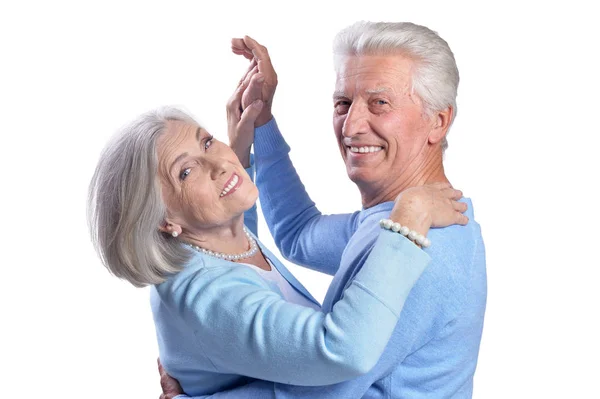 Retrato Feliz Casal Sênior Dançando Isolado Fundo Branco — Fotografia de Stock