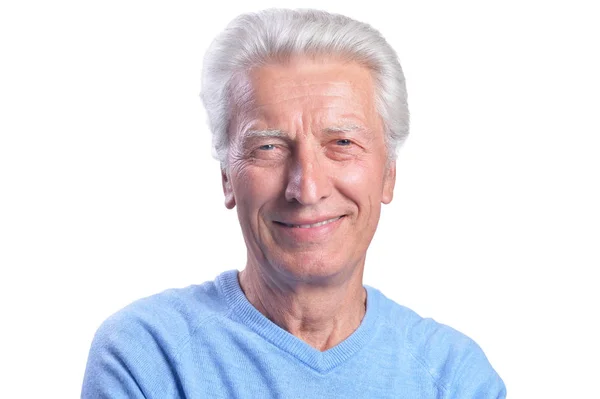 Close Van Portret Van Senior Man Geïsoleerd Witte Achtergrond — Stockfoto