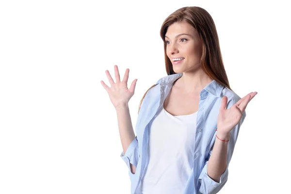 Retrato Una Hermosa Joven Posando Aislada Sobre Blanco — Foto de Stock