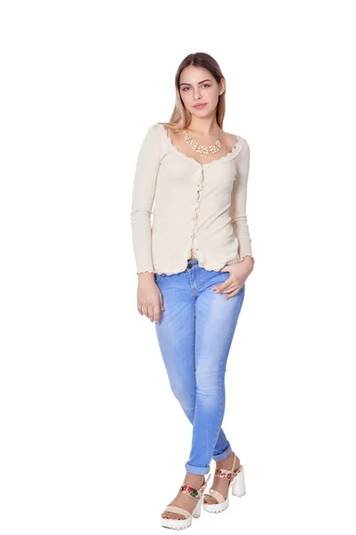 Beautiful Woman Jeans Posing Isolated White — Stock Photo, Image