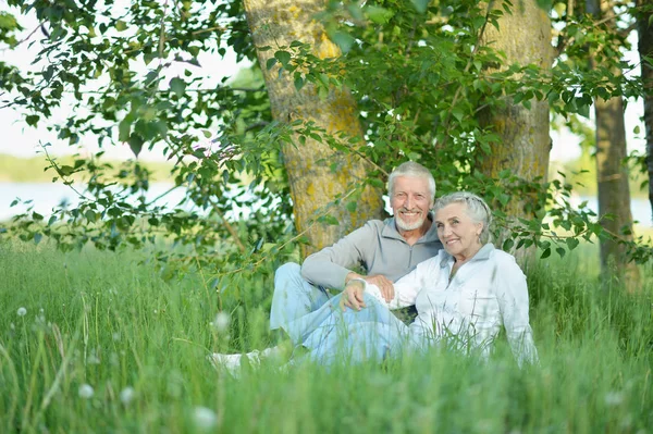 Nice Mature Couple Sitting Green Grass Summer Park — Stock Photo, Image