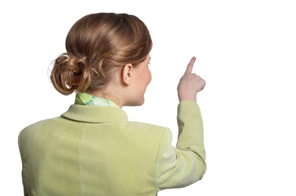 Genç kadın işaret ediyor — Stok fotoğraf