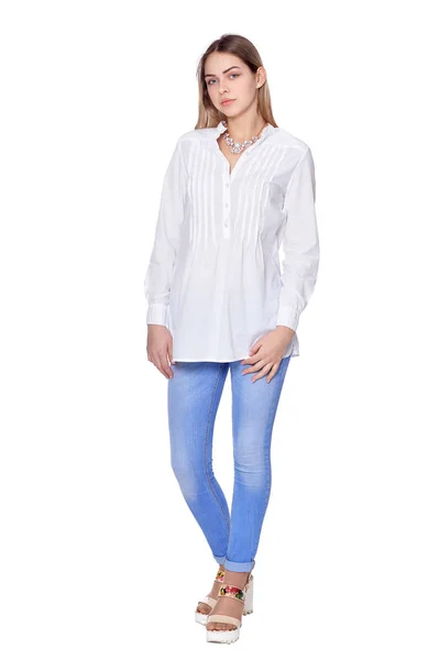 Belle Femme Jeans Posant Isolé Sur Blanc — Photo