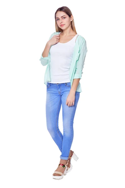 Beautiful Woman Jeans Posing Isolated White — Stock Photo, Image