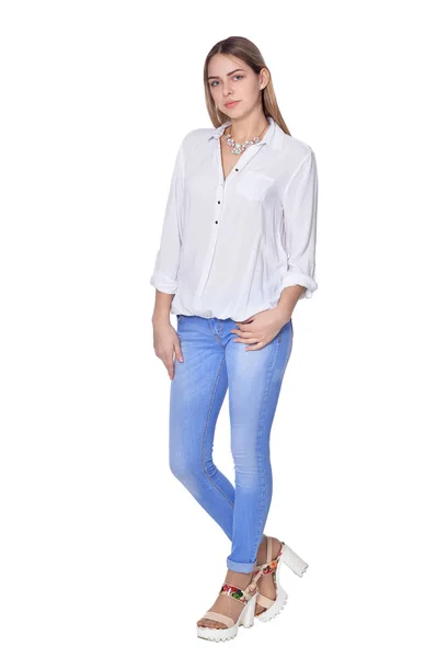 Belle Femme Jeans Posant Isolé Sur Blanc — Photo