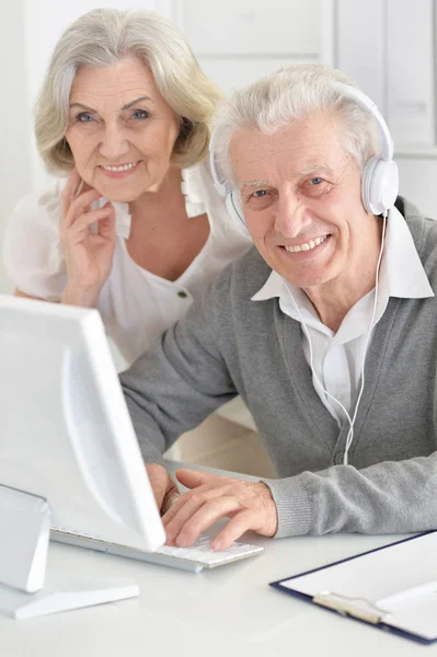 Sorridente Anziani Che Lavorano Con Computer — Foto Stock