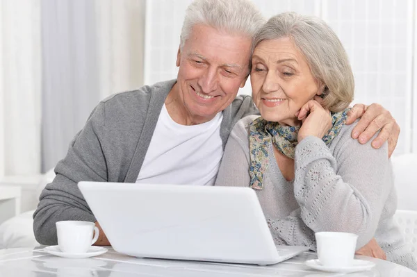 Pareja Ancianos Utilizando Ordenador Portátil Casa —  Fotos de Stock