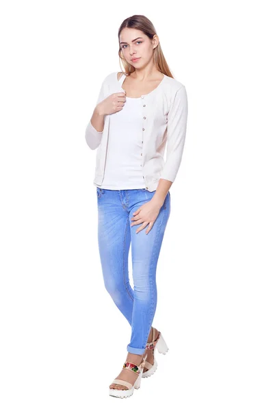 Belle Femme Jeans Posant Isolé Sur Blanc — Photo