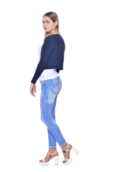 Beautiful Woman Jeans Posing Isolated White — Stock Photo, Image