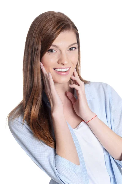 Portrait Beautiful Young Woman Posing Isolated White — Stock Photo, Image