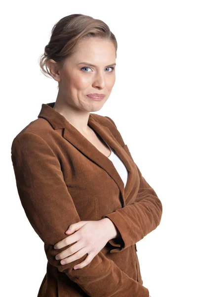 Portrait Beautiful Young Businesswoman Posing Isolated White — Stock Photo, Image