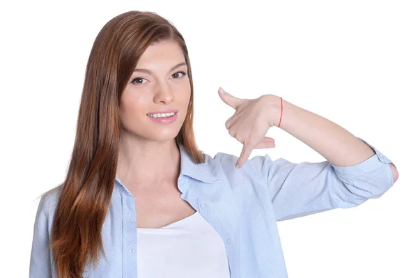 Portrait Belle Jeune Femme Posant Isolée Sur Blanc — Photo