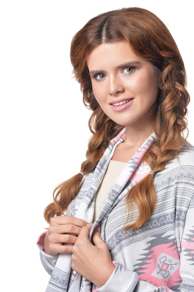 Retrato Mujer Hermosa Con Trenzas Posando Aislado Sobre Blanco — Foto de Stock