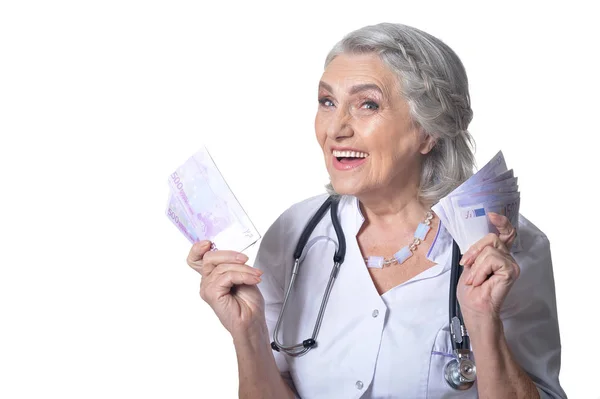 Retrato Médico Feminino Segurando Contas Dinheiro Isolado Fundo Branco — Fotografia de Stock