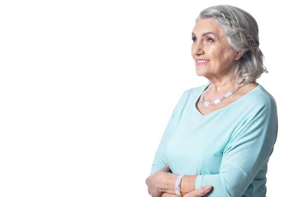 Портрет Красивой Пожилой Женщины Позирующей Белом Фоне — стоковое фото
