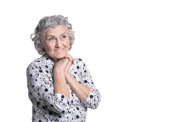 Portrét Krásné Starší Ženy Vystupují Proti Bílému Pozadí — Stock fotografie