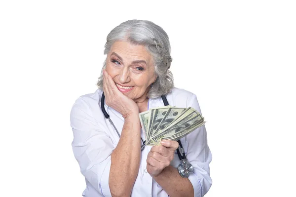 Retrato Una Doctora Sosteniendo Billetes Aislados Sobre Fondo Blanco —  Fotos de Stock