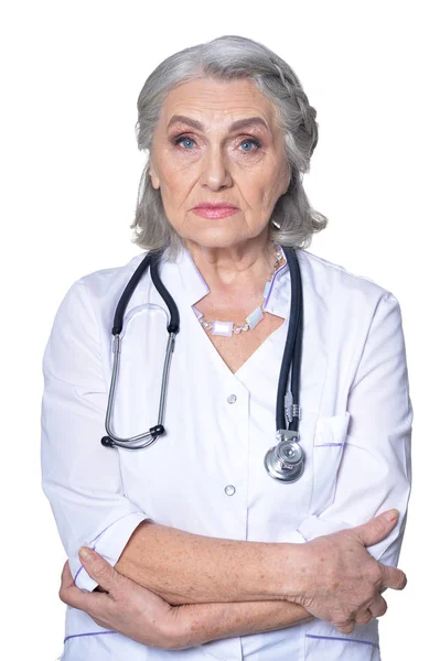Traurige Senior Arzt Posiert Auf Weißem Hintergrund — Stockfoto