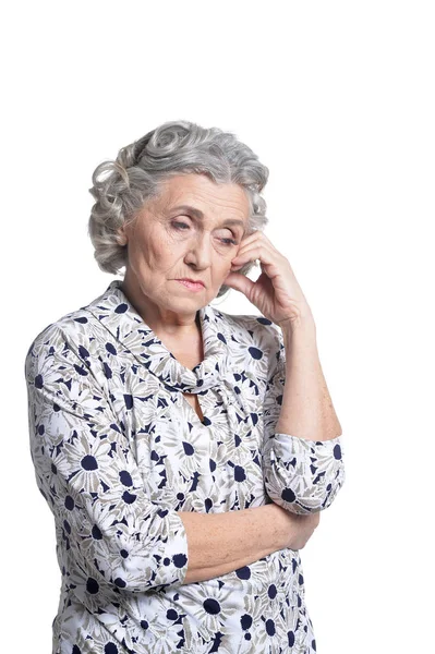 Portrait Femme Âgée Triste Isolé Sur Fond Blanc — Photo