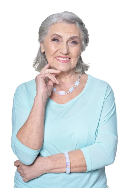 Portret Van Mooie Senior Vrouw Poseren Tegen Witte Achtergrond — Stockfoto