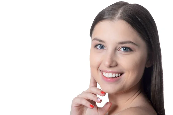 Retrato Una Hermosa Joven Posando Aislada Sobre Blanco — Foto de Stock