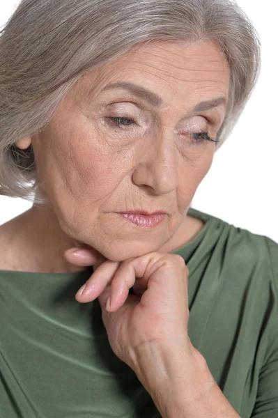 Portret Van Triest Senior Vrouw Geïsoleerd Witte Achtergrond — Stockfoto