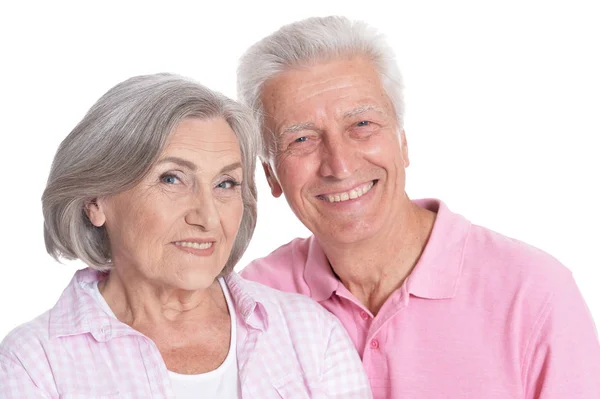 Retrato Feliz Pareja Ancianos Sobre Fondo Blanco — Foto de Stock