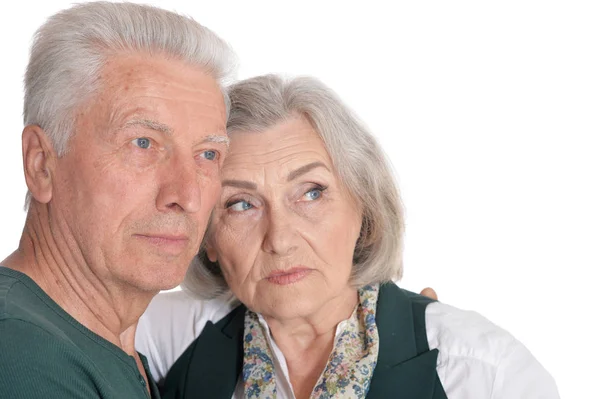 Portret Van Triest Senior Paar Geïsoleerd Witte Achtergrond — Stockfoto