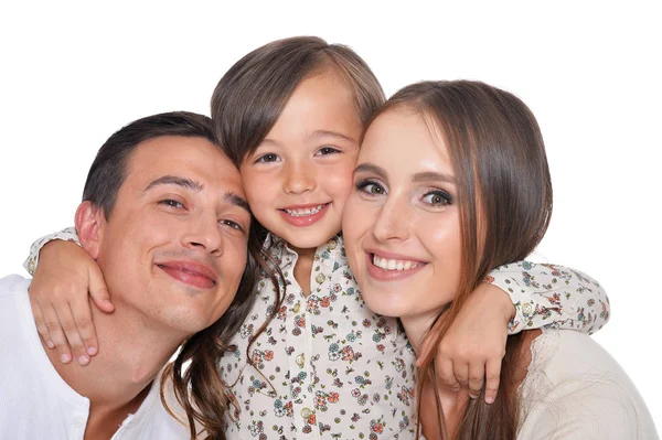 Família feliz de três em branco — Fotografia de Stock