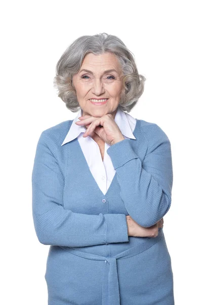 Portret Van Mooie Senior Vrouw Poseren Tegen Witte Achtergrond — Stockfoto