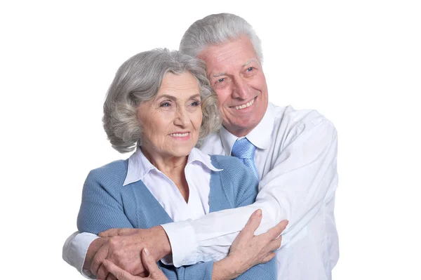 Retrato Feliz Casal Sênior Abraçando Fundo Branco — Fotografia de Stock