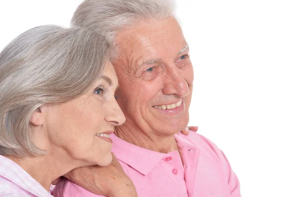 Portret Van Gelukkige Senior Paar Witte Achtergrond — Stockfoto