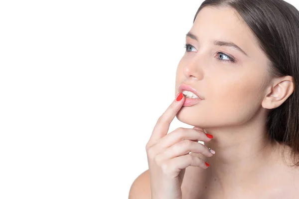 Portrait Beautiful Young Woman Posing Isolated White — Stock Photo, Image