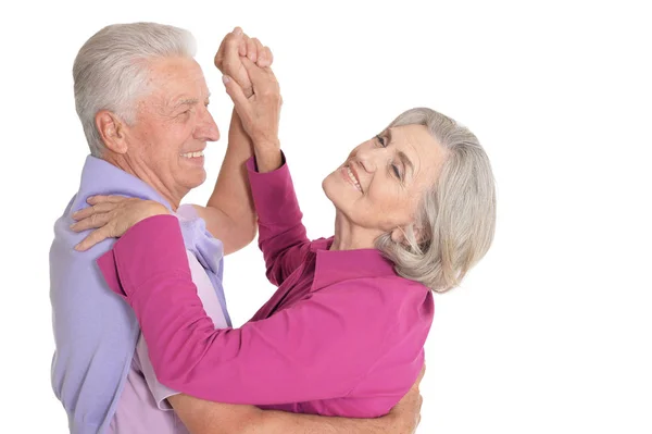 Portret Van Happy Senior Paar Dansen Witte Achtergrond — Stockfoto