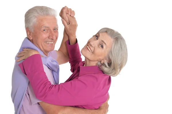 Porträt Eines Glücklichen Senioren Paares Das Auf Weißem Hintergrund Tanzt — Stockfoto